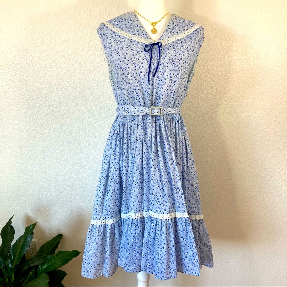Vintage Floral Cottagecore Blue Dress Wide Collar